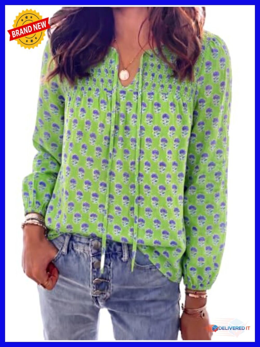 Boho Peasant Blouse V-Neck Floral Long Sleeve Puff Sleeve Cotton Viscose